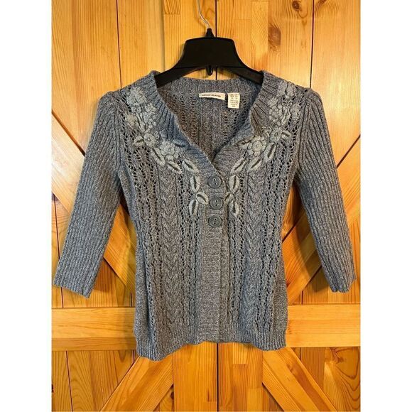 DKNY Jeans Gray 3/4 Sleeve Cardigan Sweater with Floral Detail Small (2552) - Picture 1 of 5